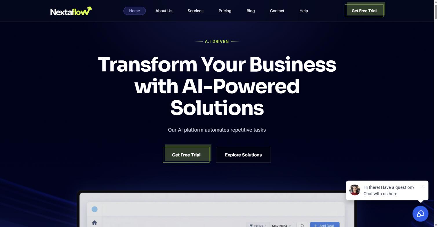 Nextaflow product interface showing the AI-powered marketing homepage
